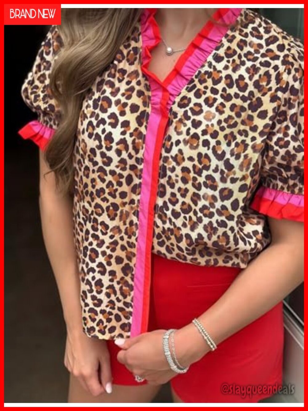Ruffle Trim Floral Blouse with Short Puff Sleeves V-Neck Button Down Lightweight - Picture 4 of 6